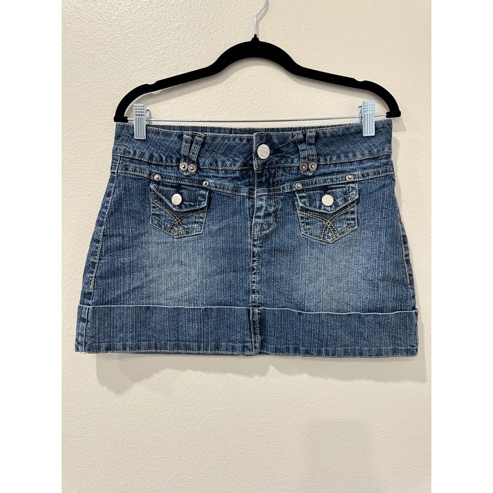 Vintage Whooz Blooz Womens Denim Mini Skirt Medium Wash Y2K Pockets Size 9